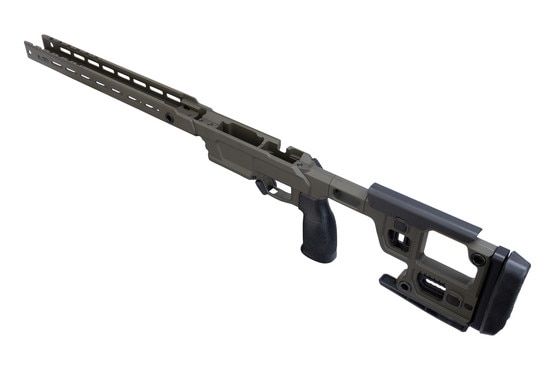 OD Green Cerakote bolt action chassis with M-LOK compatibility.